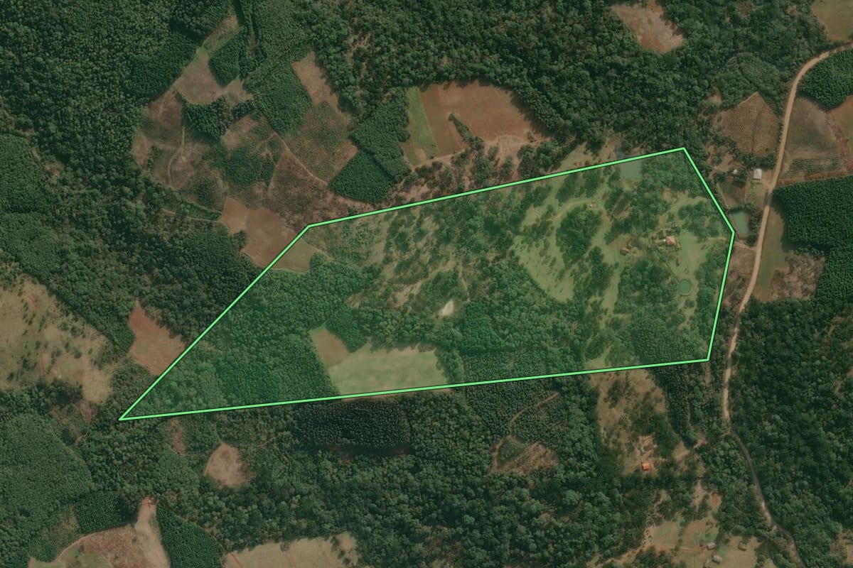Imagem de satélite do imóvel rural em Cruz Machado (PR), com o contorno declarado no CAR desenhado por cima.