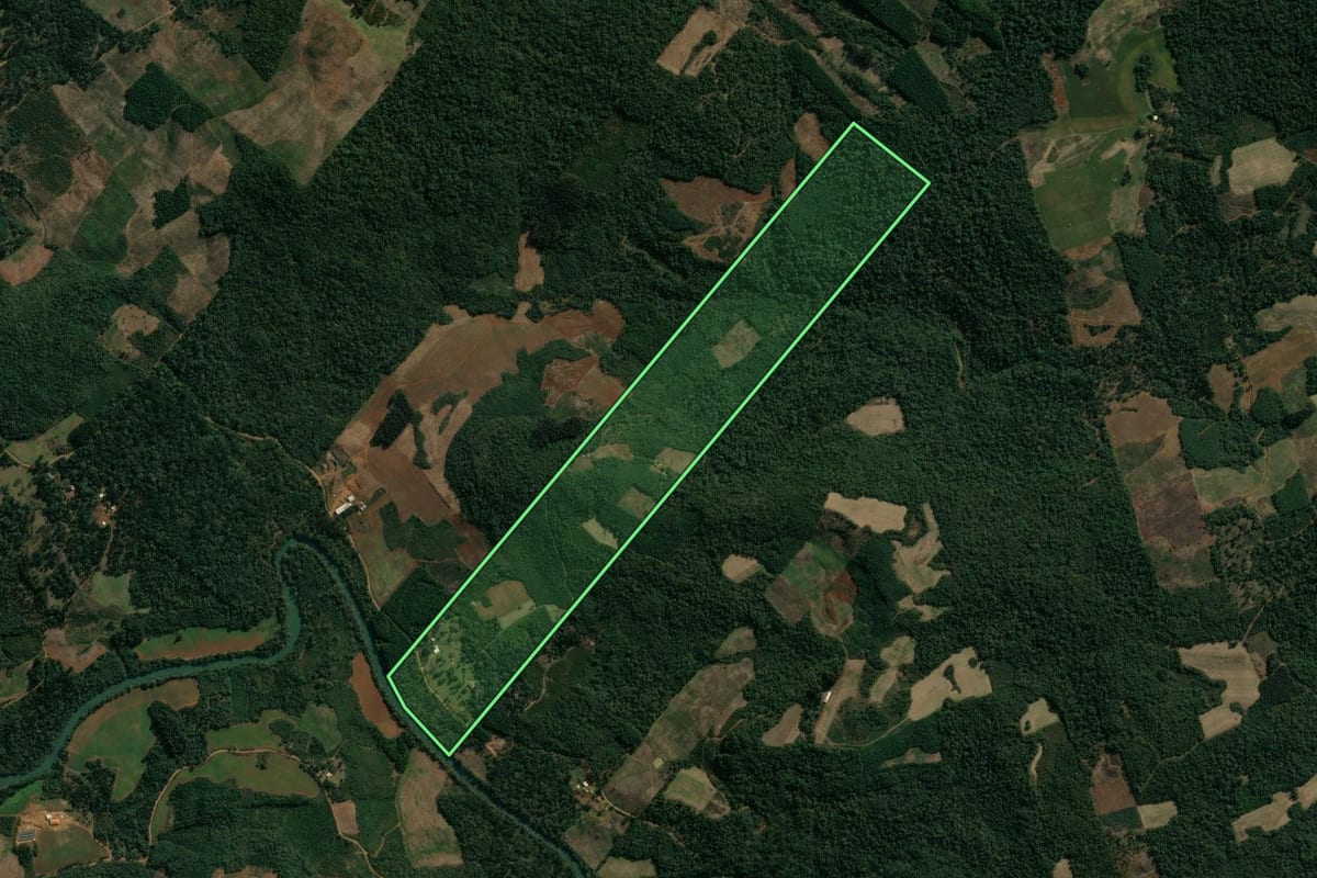 Imagem de satélite do imóvel rural em Cruz Machado (PR), com o contorno declarado no CAR desenhado por cima.