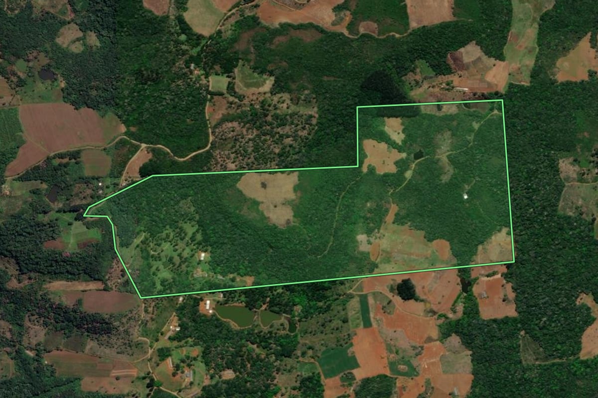 Imagem de satélite do imóvel rural em Cruz Machado (PR), com o contorno declarado no CAR desenhado por cima.