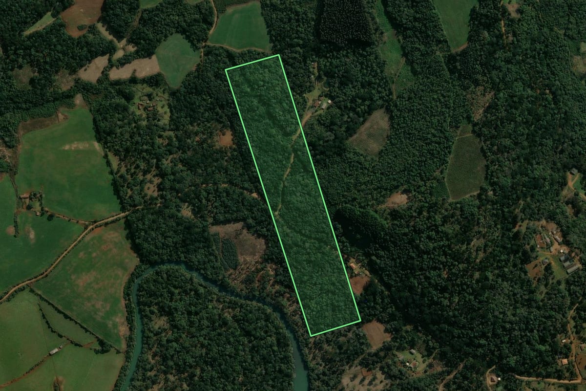 Imagem de satélite do imóvel rural em Cruz Machado (PR), com o contorno declarado no CAR desenhado por cima.