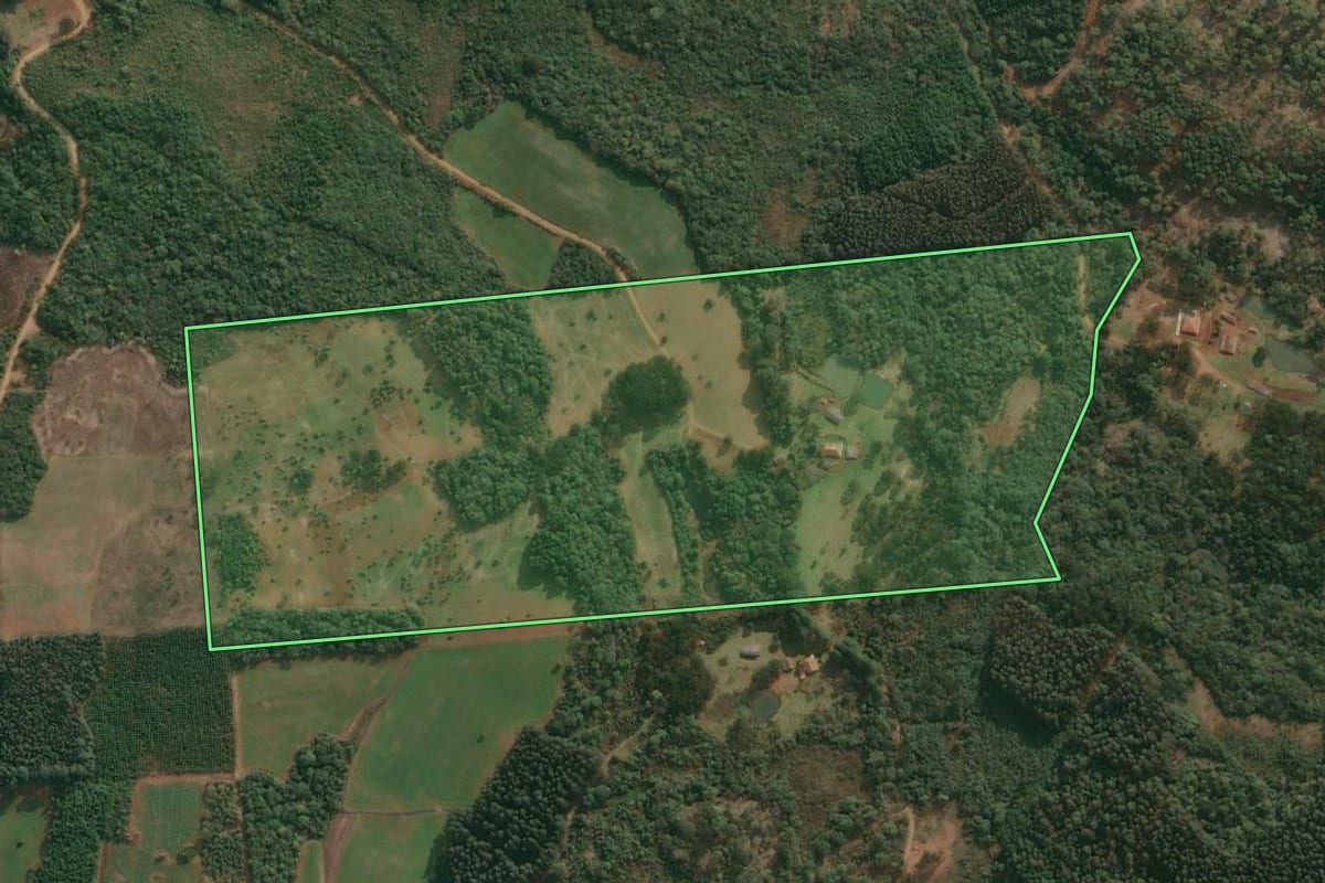 Imagem de satélite do imóvel rural em Cruz Machado (PR), com o contorno declarado no CAR desenhado por cima.