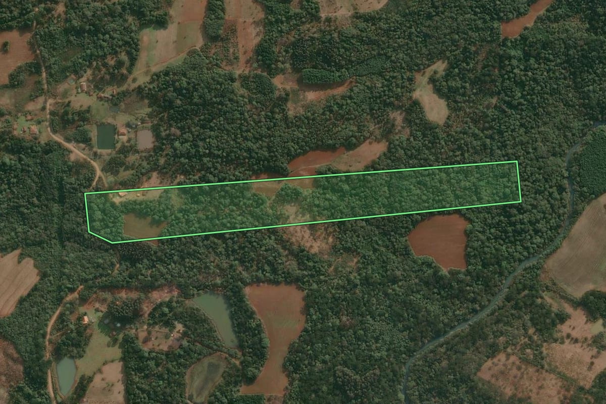 Imagem de satélite do imóvel rural em Cruz Machado (PR), com o contorno declarado no CAR desenhado por cima.
