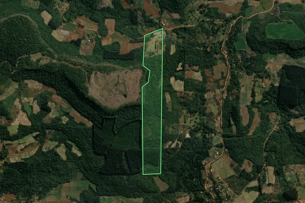 Imagem de satélite do imóvel rural em Cruz Machado (PR), com o contorno declarado no CAR desenhado por cima.