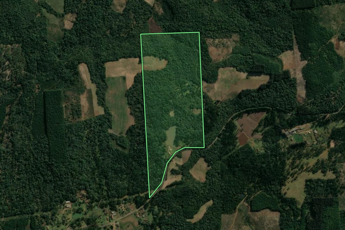 Imagem de satélite do imóvel rural em Cruz Machado (PR), com o contorno declarado no CAR desenhado por cima.