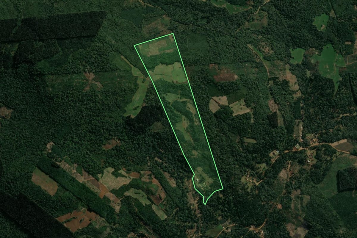 Imagem de satélite do imóvel rural em Cruz Machado (PR), com o contorno declarado no CAR desenhado por cima.