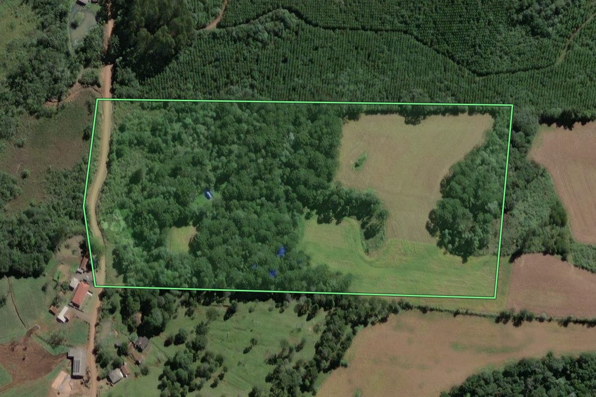 Imagem de satélite do imóvel rural em Cruz Machado (PR), com o contorno declarado no CAR desenhado por cima.