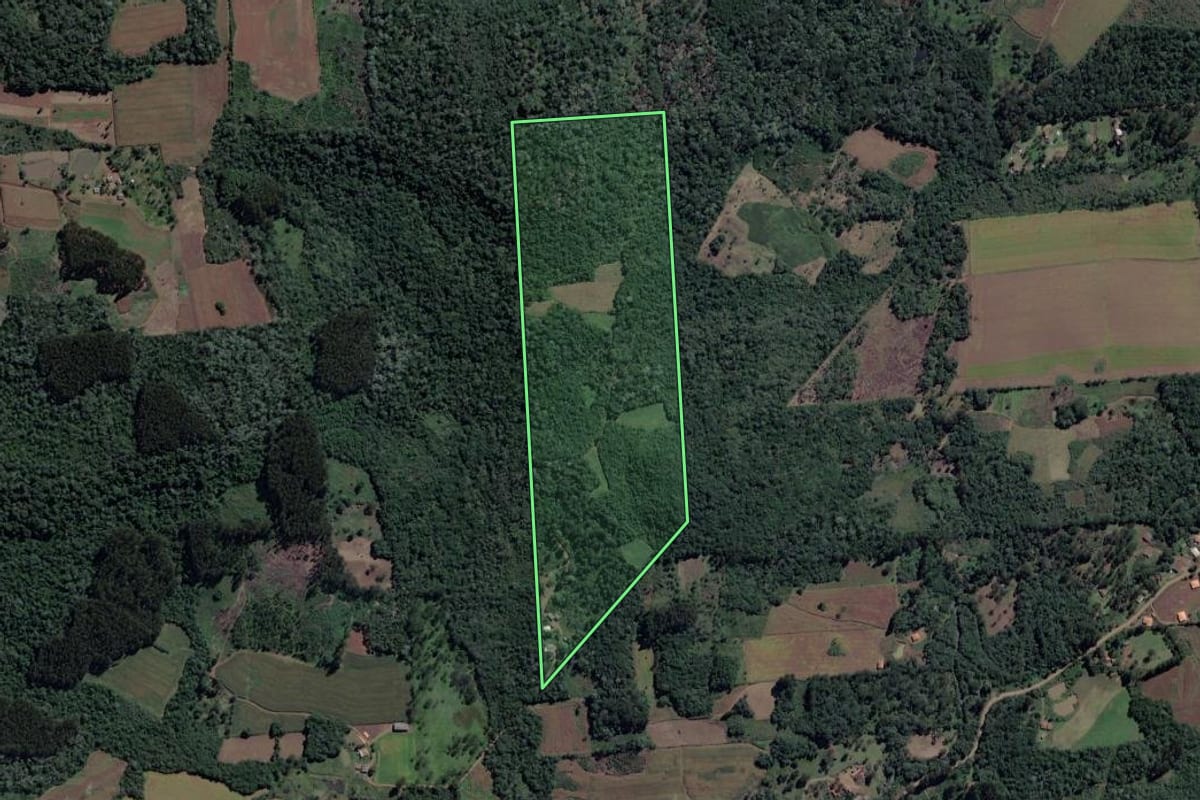 Imagem de satélite do imóvel rural em Cruz Machado (PR), com o contorno declarado no CAR desenhado por cima.