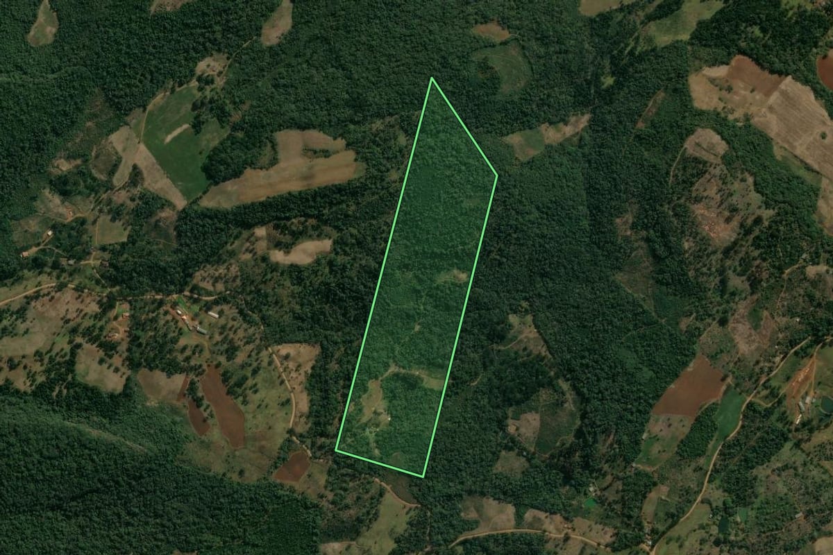Imagem de satélite do imóvel rural em Cruz Machado (PR), com o contorno declarado no CAR desenhado por cima.