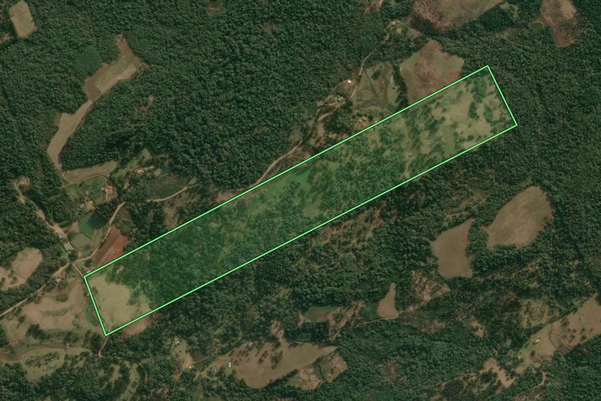 Imagem de satélite do imóvel rural em Cruz Machado (PR), com o contorno declarado no CAR desenhado por cima.