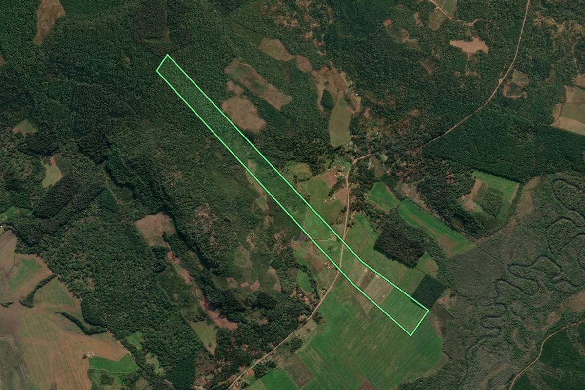 Imagem de satélite do imóvel rural em Cruz Machado (PR), com o contorno declarado no CAR desenhado por cima.