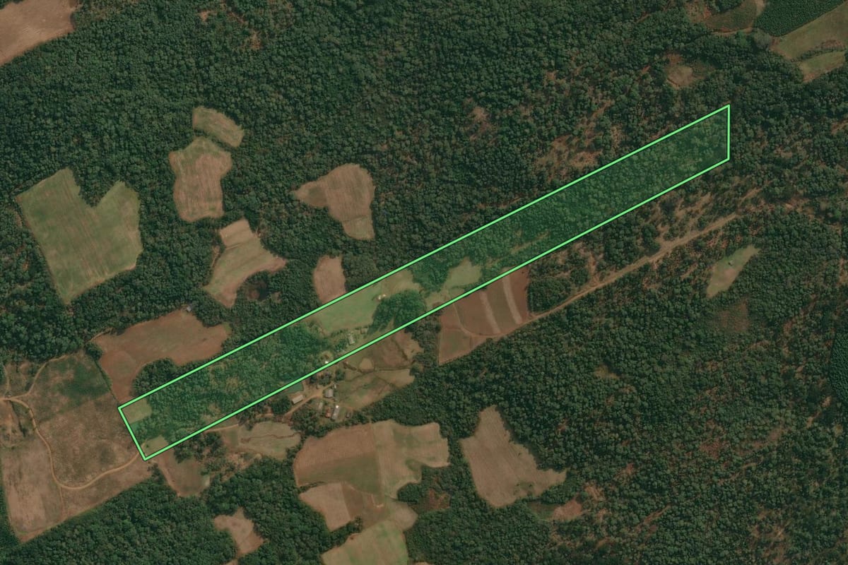 Imagem de satélite do imóvel rural em Cruz Machado (PR), com o contorno declarado no CAR desenhado por cima.