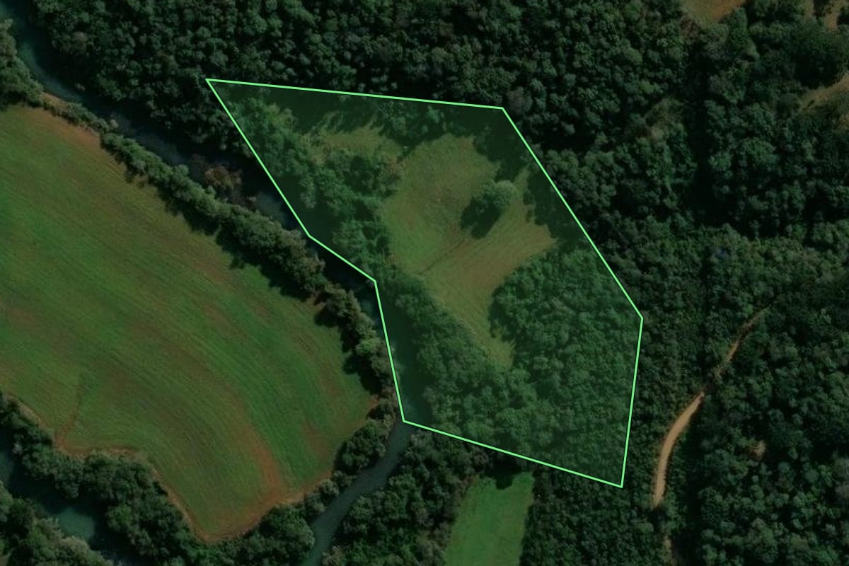Imagem de satélite do imóvel rural em Cruz Machado (PR), com o contorno declarado no CAR desenhado por cima.