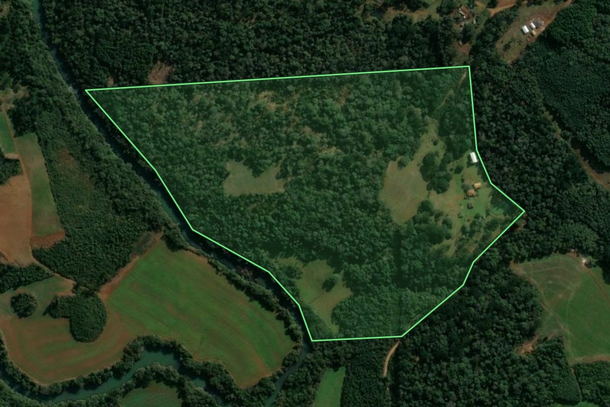 Imagem de satélite do imóvel rural em Cruz Machado (PR), com o contorno declarado no CAR desenhado por cima.