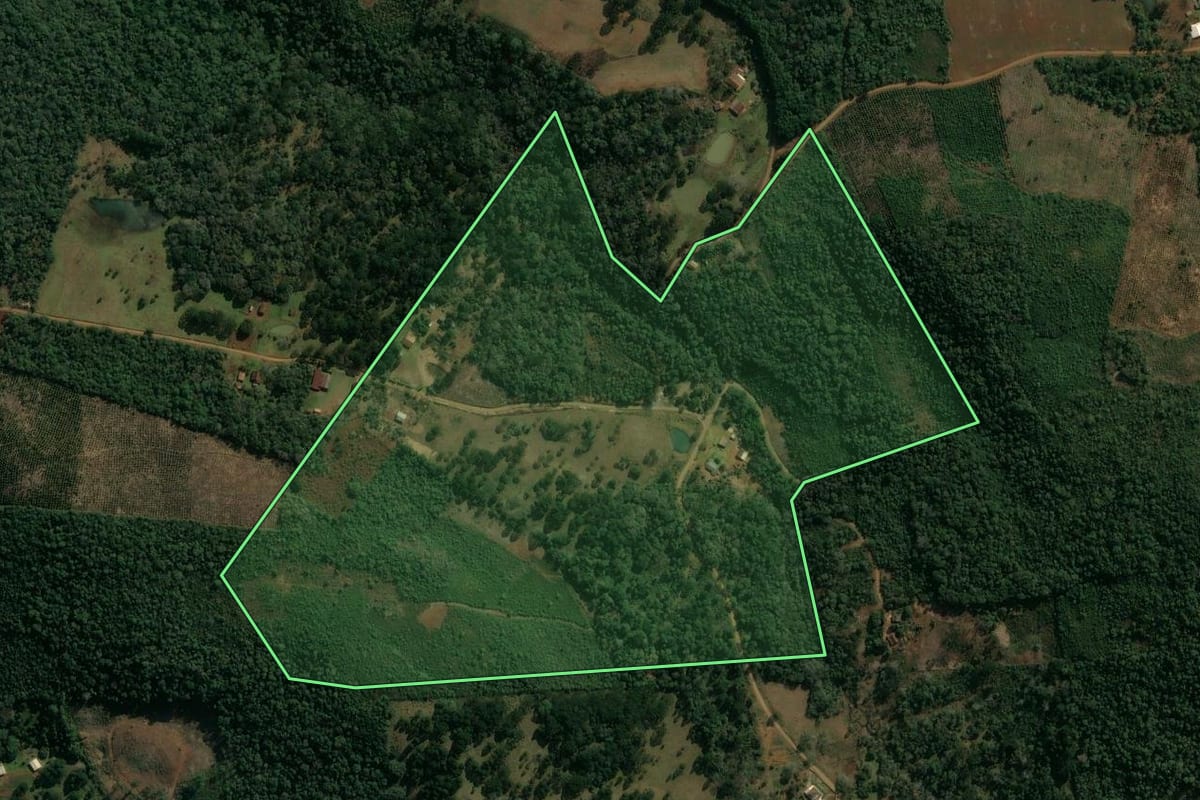 Imagem de satélite do imóvel rural em Cruz Machado (PR), com o contorno declarado no CAR desenhado por cima.