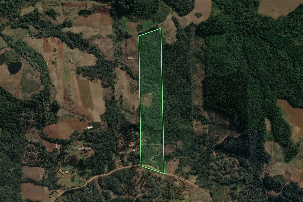 Imagem de satélite do imóvel rural em Cruz Machado (PR), com o contorno declarado no CAR desenhado por cima.