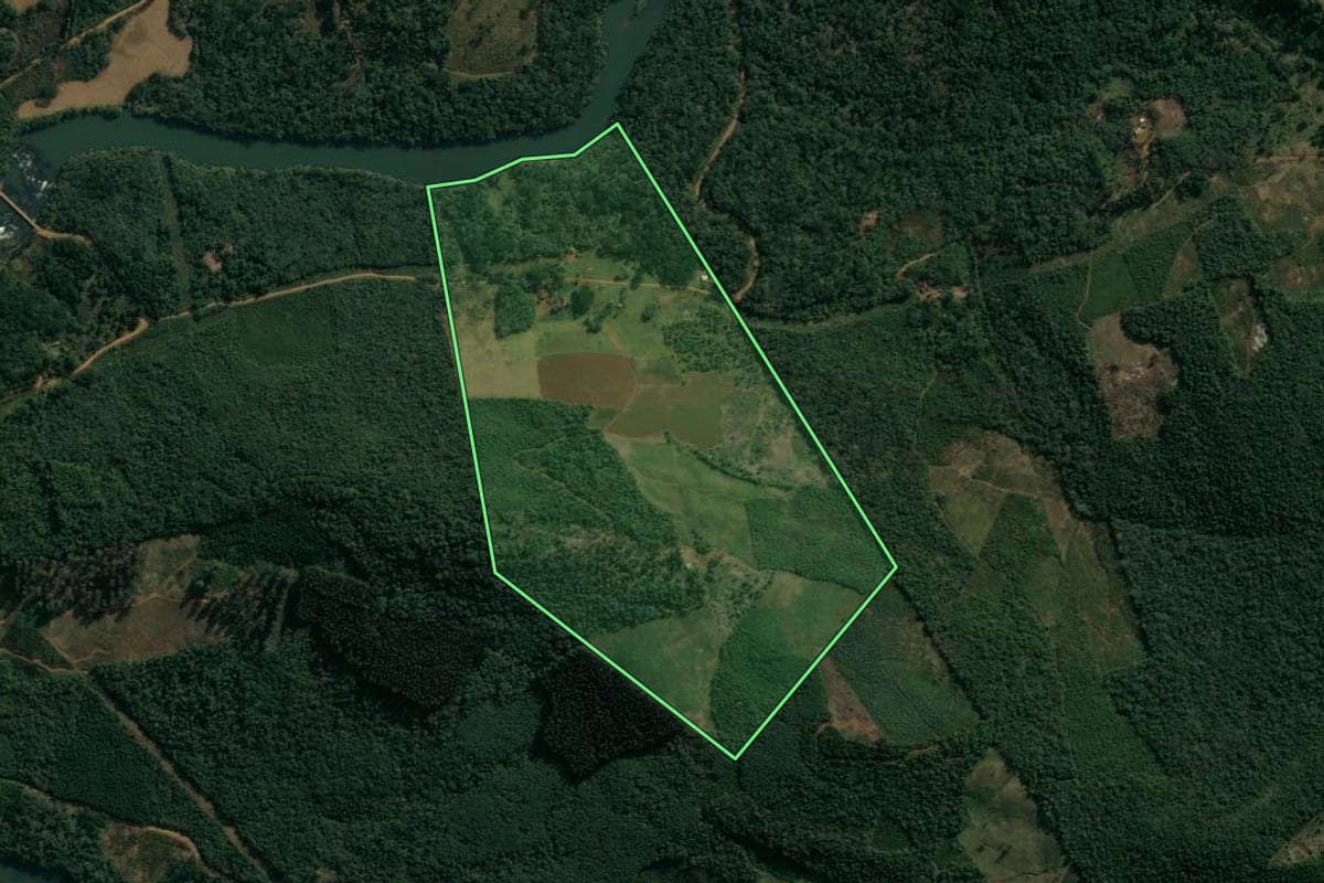 Imagem de satélite do imóvel rural em Cruz Machado (PR), com o contorno declarado no CAR desenhado por cima.