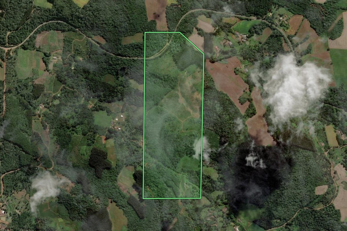 Imagem de satélite do imóvel rural em Cruz Machado (PR), com o contorno declarado no CAR desenhado por cima.