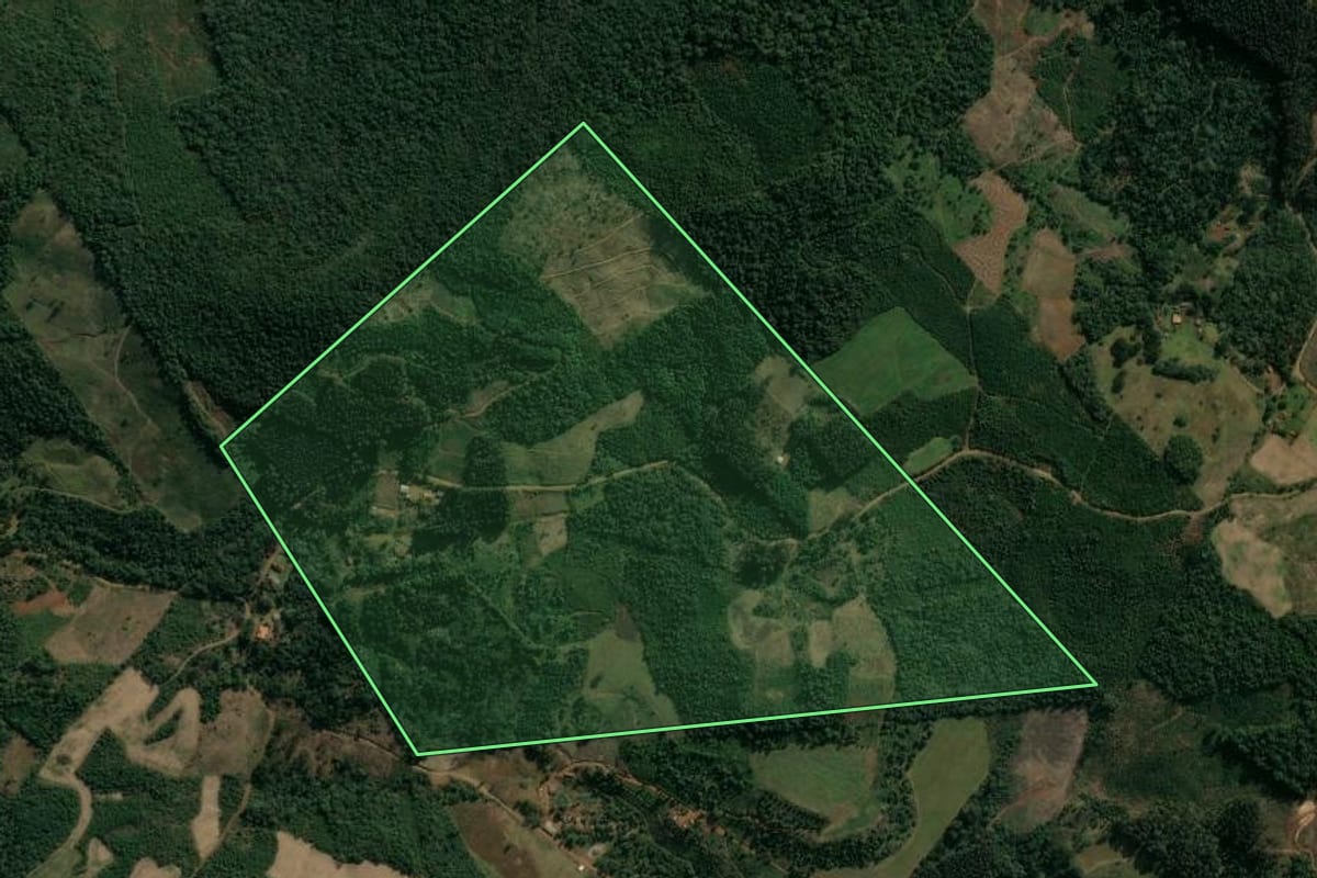 Imagem de satélite do imóvel rural em Cruz Machado (PR), com o contorno declarado no CAR desenhado por cima.
