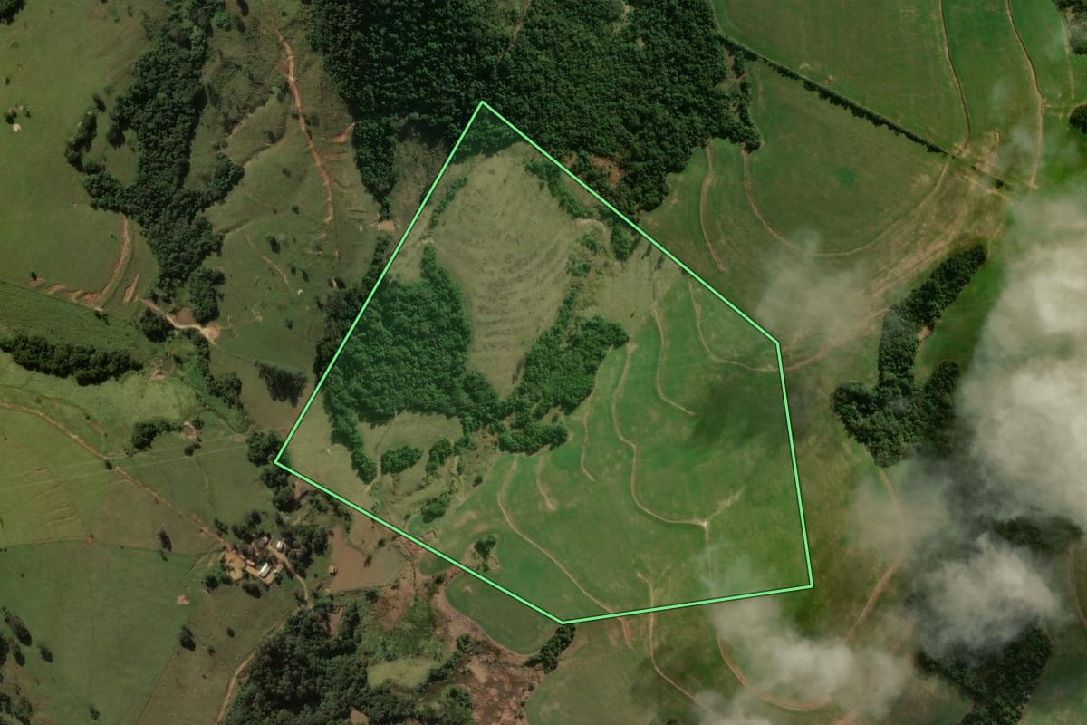 Imagem de satélite do imóvel rural em Cruzmaltina (PR), com o contorno declarado no CAR desenhado por cima.