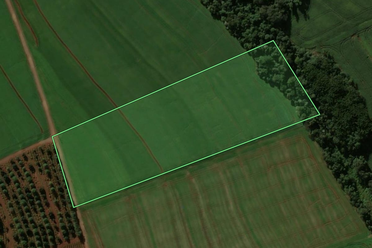 Imagem de satélite do imóvel rural em Cruzmaltina (PR), com o contorno declarado no CAR desenhado por cima.