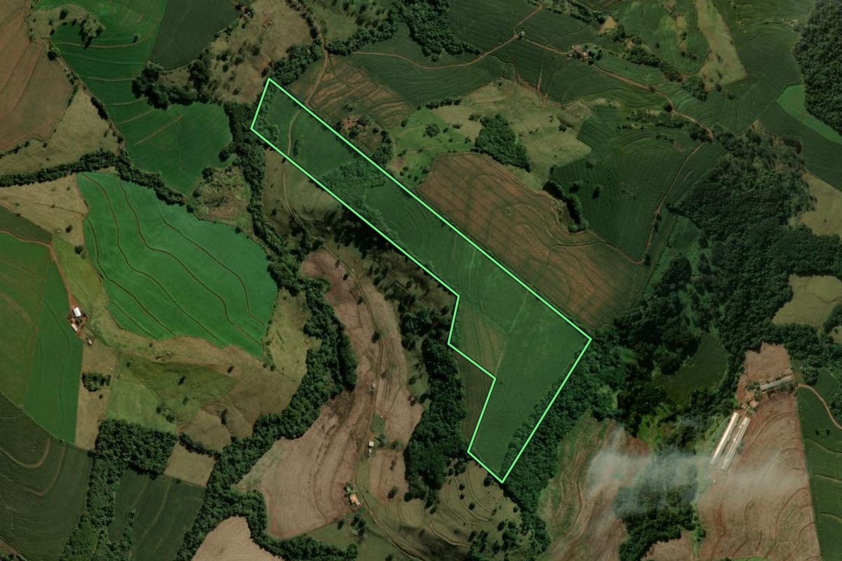Imagem de satélite do imóvel rural em Cruzmaltina (PR), com o contorno declarado no CAR desenhado por cima.