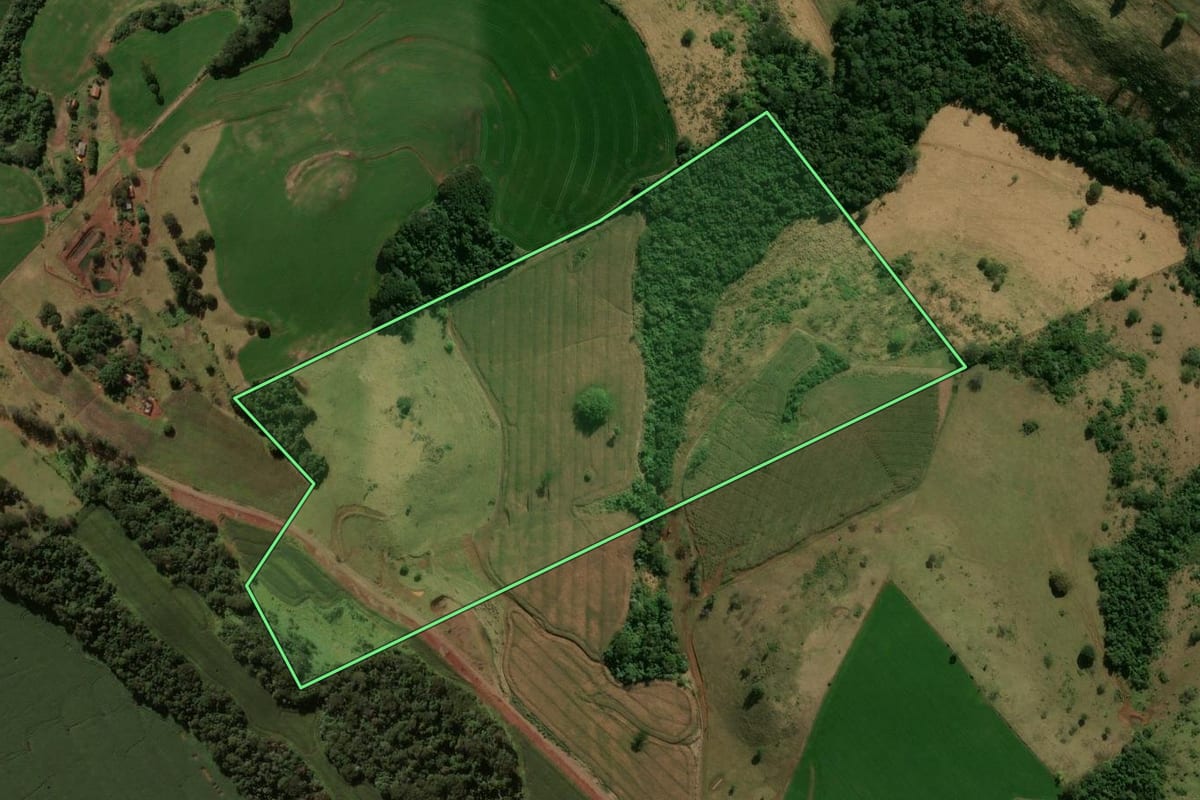 Imagem de satélite do imóvel rural em Cruzmaltina (PR), com o contorno declarado no CAR desenhado por cima.