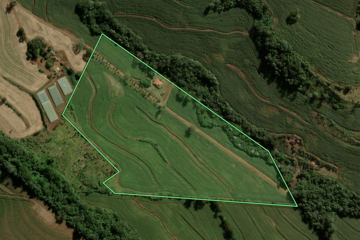 Imagem de satélite do imóvel rural em Cruzmaltina (PR), com o contorno declarado no CAR desenhado por cima.