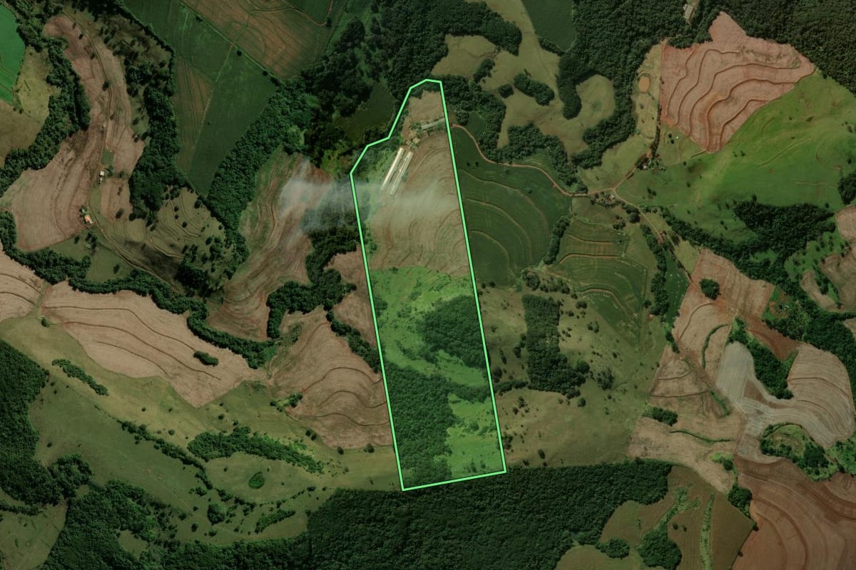 Imagem de satélite do imóvel rural em Cruzmaltina (PR), com o contorno declarado no CAR desenhado por cima.