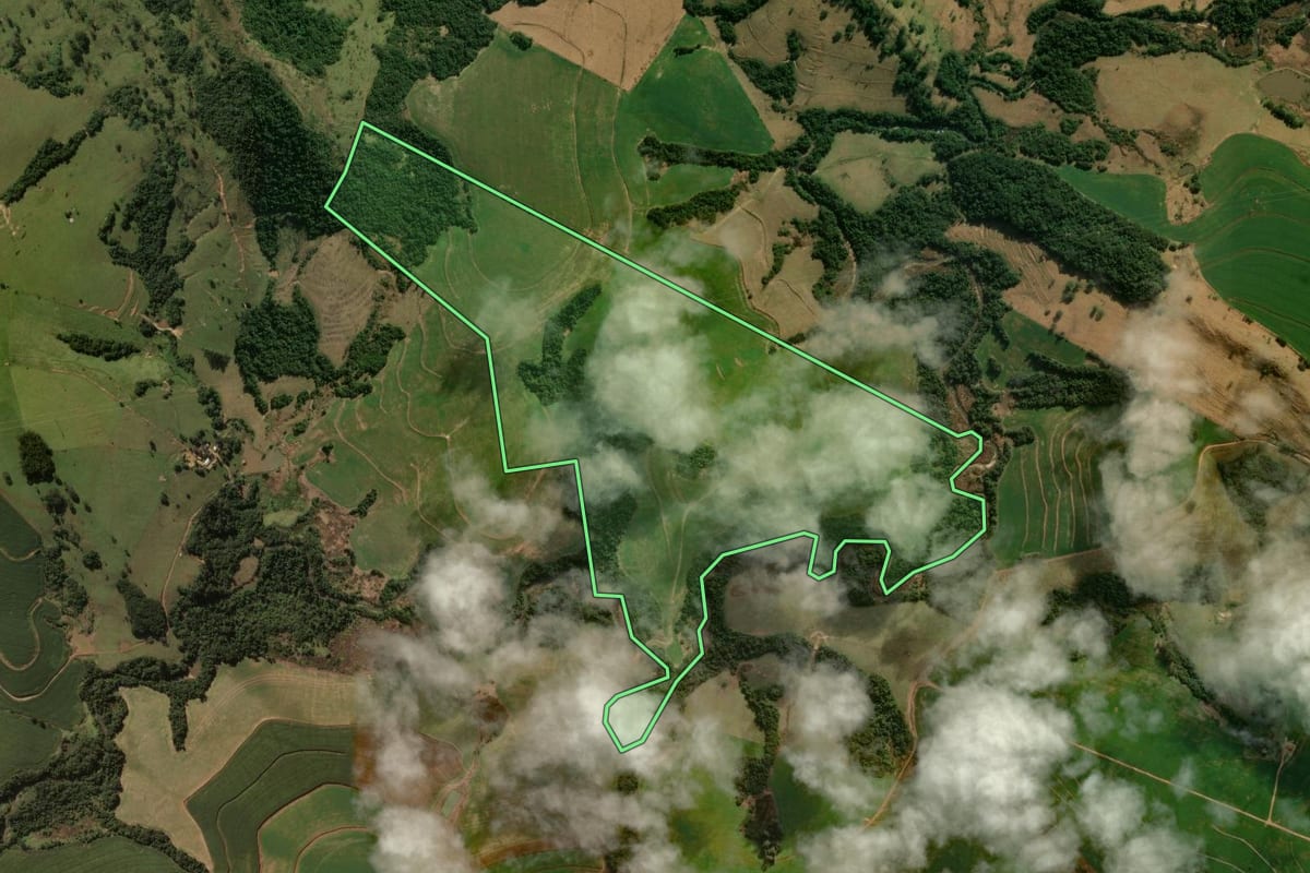 Imagem de satélite do imóvel rural em Cruzmaltina (PR), com o contorno declarado no CAR desenhado por cima.