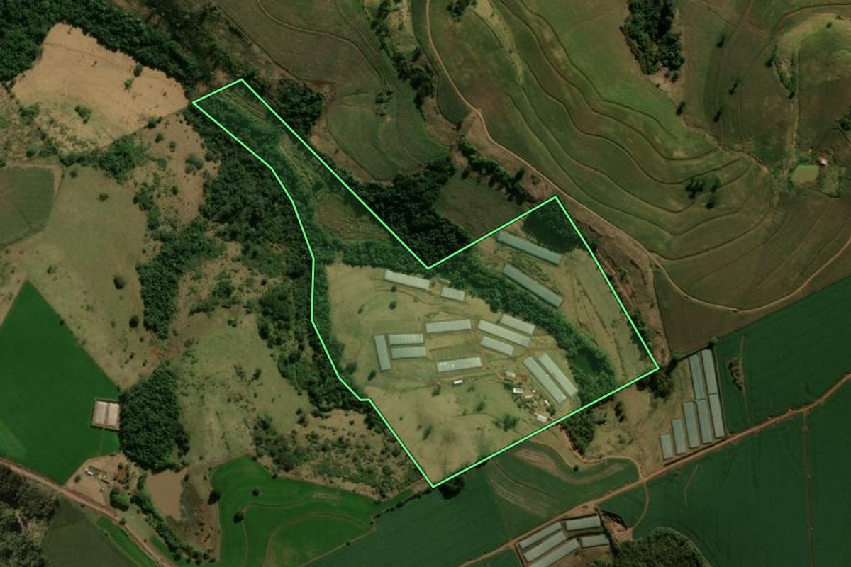 Imagem de satélite do imóvel rural em Cruzmaltina (PR), com o contorno declarado no CAR desenhado por cima.