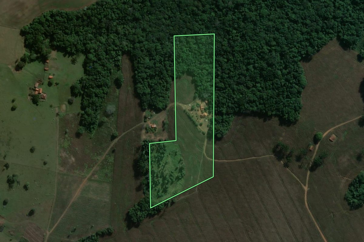 Imagem de satélite do imóvel rural em Curiúva (PR), com o contorno declarado no CAR desenhado por cima.