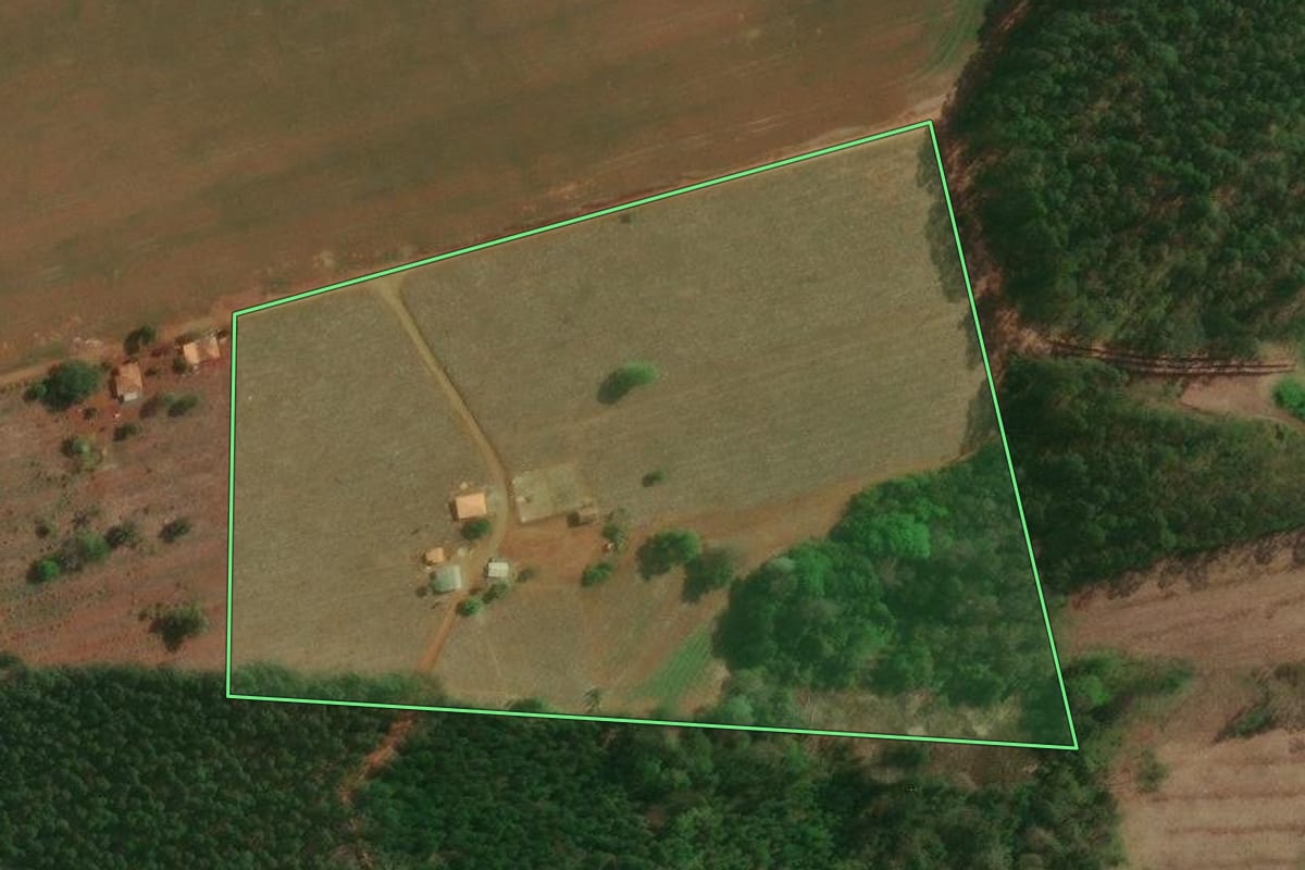 Imagem de satélite do imóvel rural em Curiúva (PR), com o contorno declarado no CAR desenhado por cima.