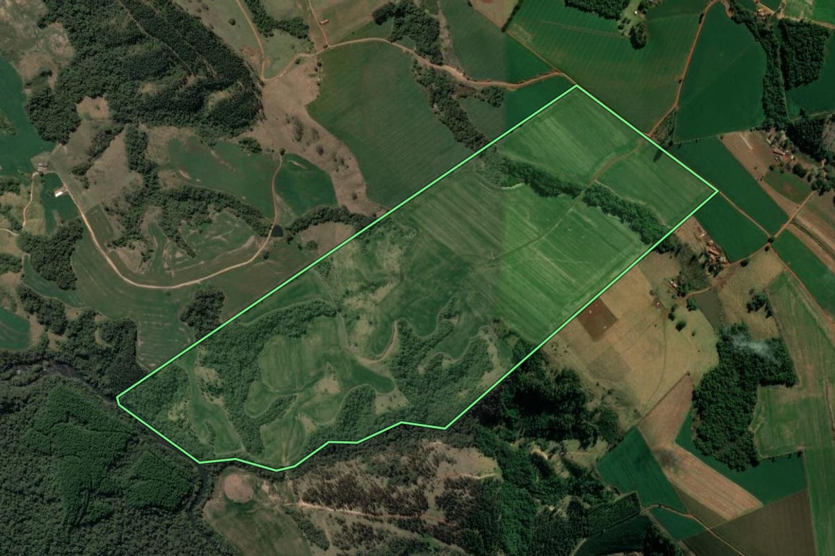 Imagem de satélite do imóvel rural em Curiúva (PR), com o contorno declarado no CAR desenhado por cima.