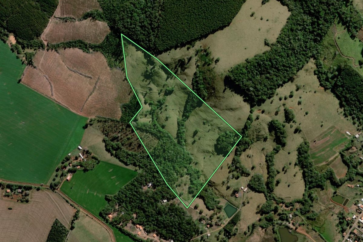Imagem de satélite do imóvel rural em Curiúva (PR), com o contorno declarado no CAR desenhado por cima.