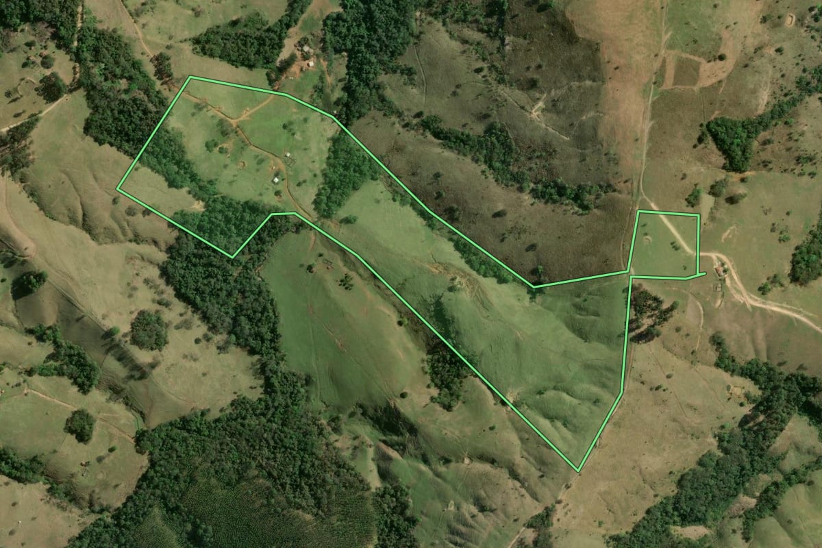Imagem de satélite do imóvel rural em Curiúva (PR), com o contorno declarado no CAR desenhado por cima.