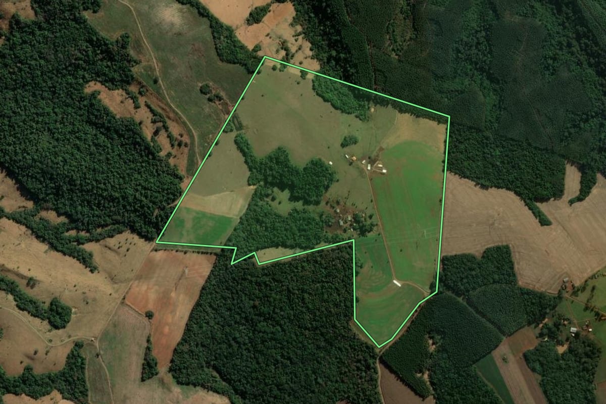 Imagem de satélite do imóvel rural em Curiúva (PR), com o contorno declarado no CAR desenhado por cima.