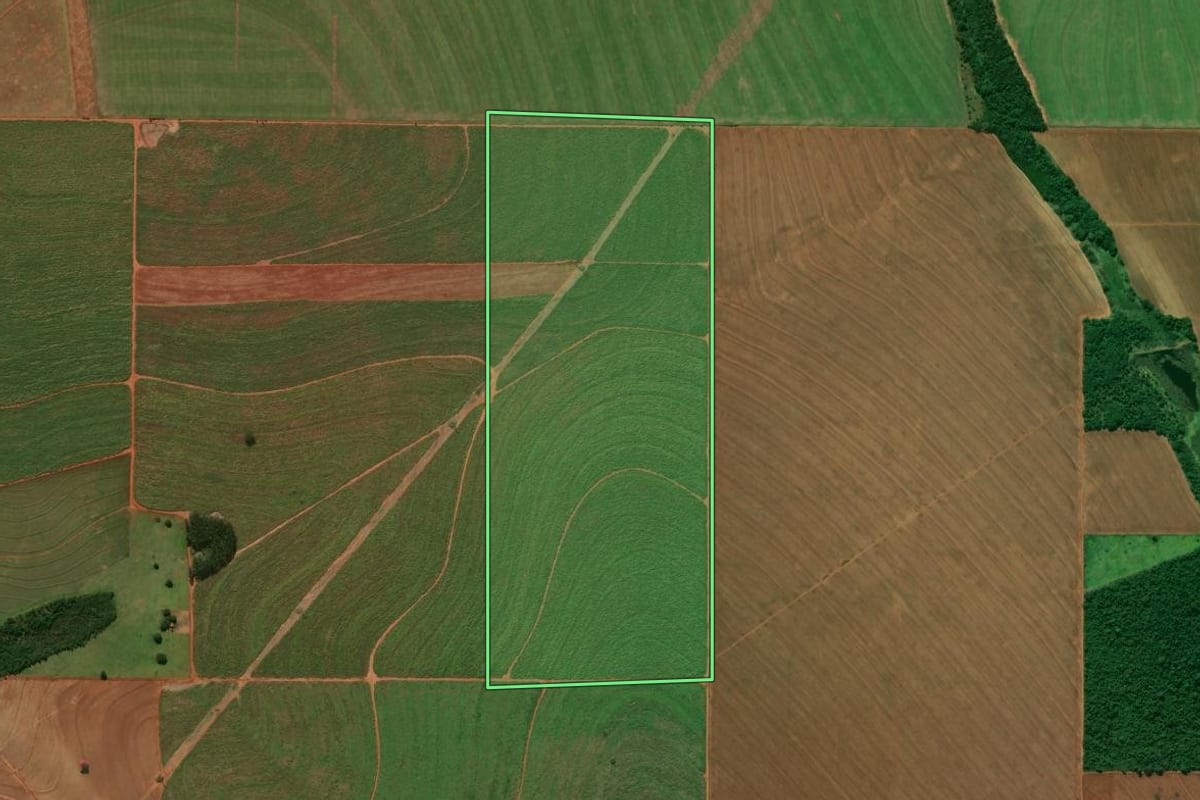 Imagem de satélite do imóvel rural em Diamante do Norte (PR), com o contorno declarado no CAR desenhado por cima.