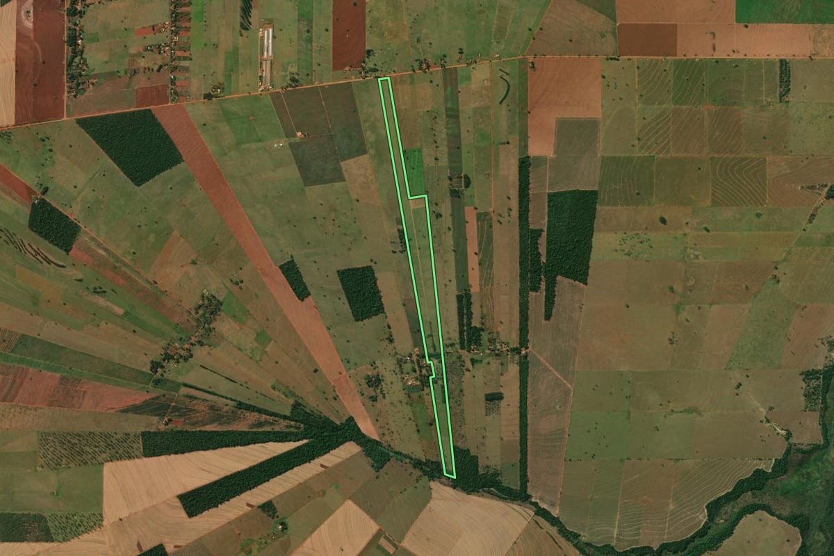 Imagem de satélite do imóvel rural em Diamante do Norte (PR), com o contorno declarado no CAR desenhado por cima.