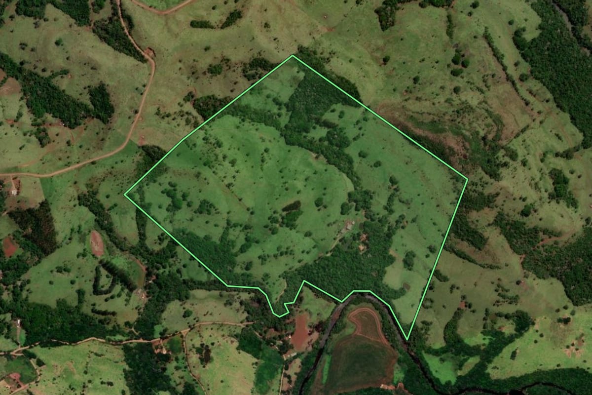 Imagem de satélite do imóvel rural em Diamante do Sul (PR), com o contorno declarado no CAR desenhado por cima.