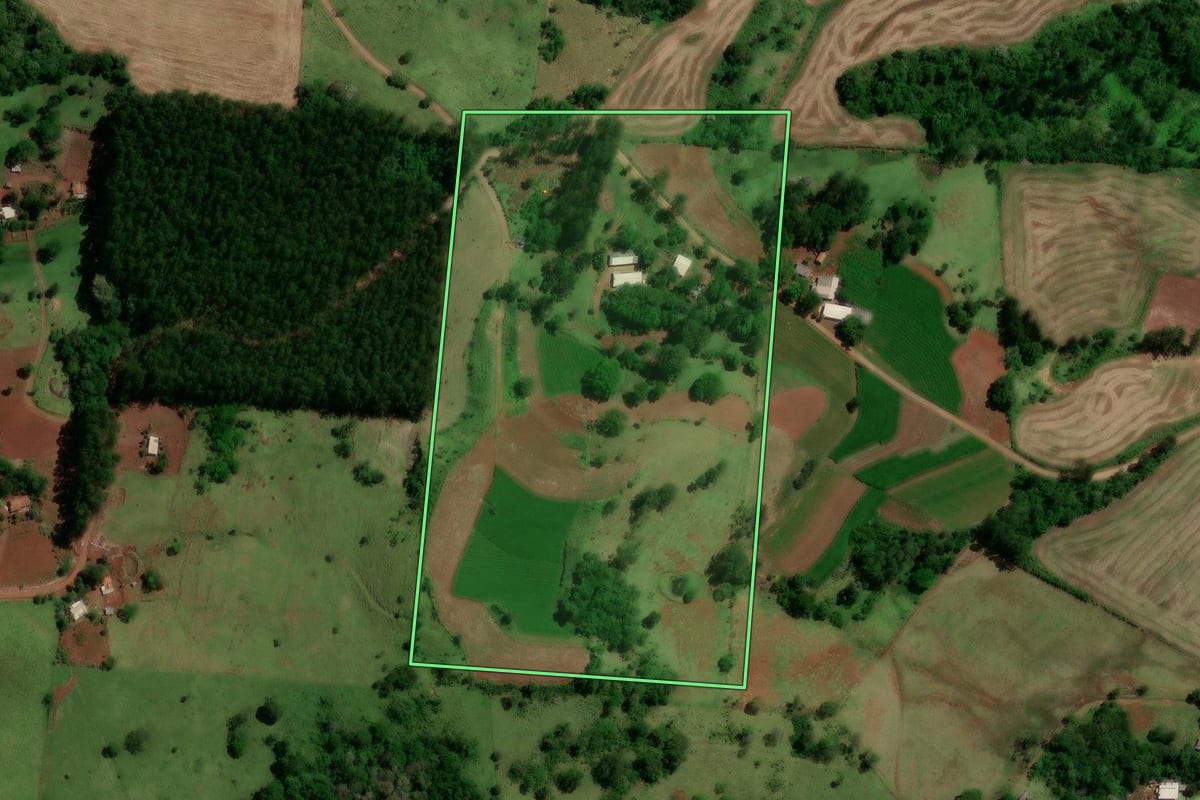 Imagem de satélite do imóvel rural em Diamante do Sul (PR), com o contorno declarado no CAR desenhado por cima.