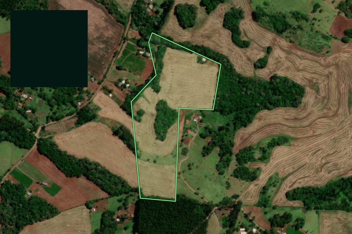 Imagem de satélite do imóvel rural em Diamante do Sul (PR), com o contorno declarado no CAR desenhado por cima.