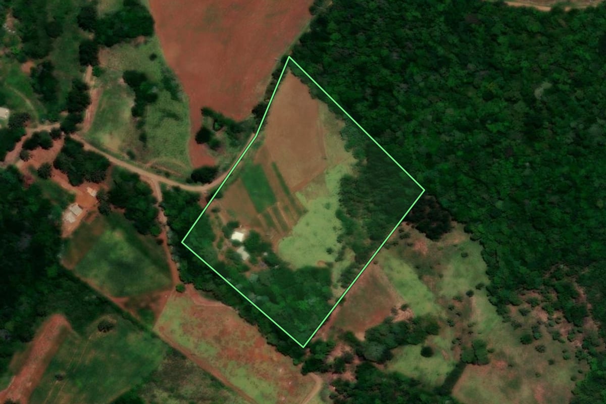 Imagem de satélite do imóvel rural em Diamante do Sul (PR), com o contorno declarado no CAR desenhado por cima.