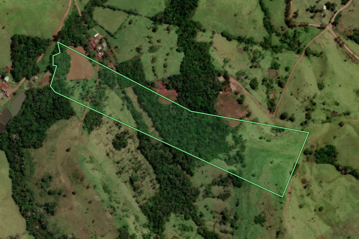 Imagem de satélite do imóvel rural em Diamante do Sul (PR), com o contorno declarado no CAR desenhado por cima.