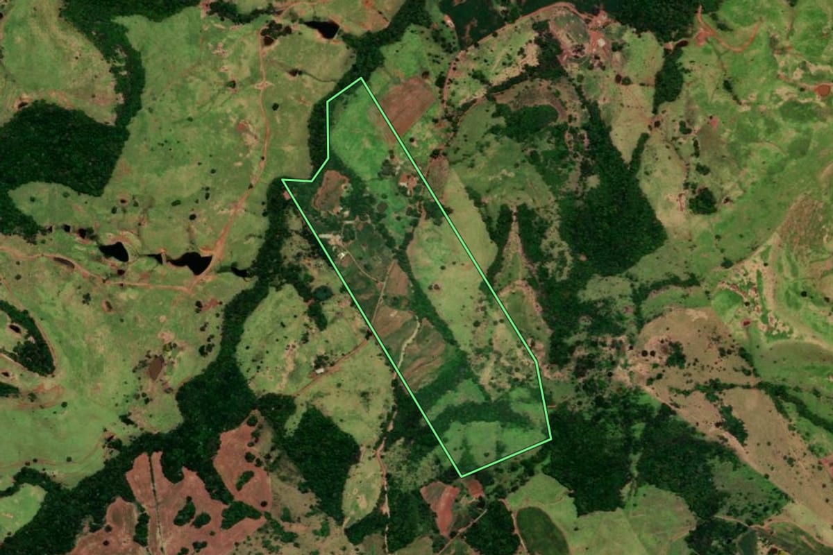 Imagem de satélite do imóvel rural em Diamante do Sul (PR), com o contorno declarado no CAR desenhado por cima.