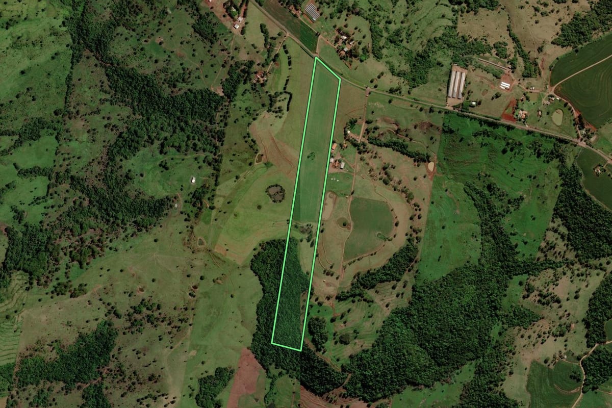 Imagem de satélite do imóvel rural em Diamante D'Oeste (PR), com o contorno declarado no CAR desenhado por cima.