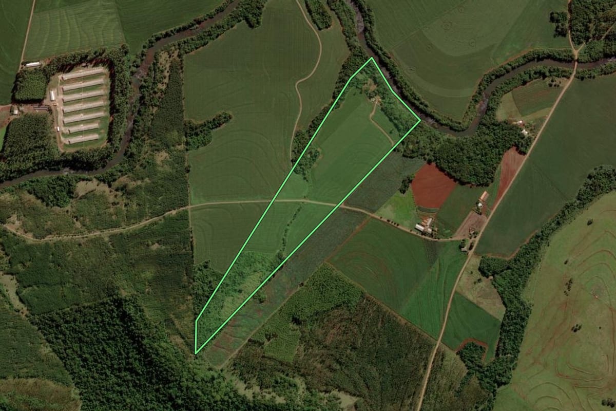 Imagem de satélite do imóvel rural em Diamante D'Oeste (PR), com o contorno declarado no CAR desenhado por cima.