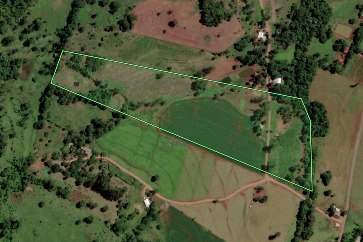 Imagem de satélite do imóvel rural em Diamante D'Oeste (PR), com o contorno declarado no CAR desenhado por cima.