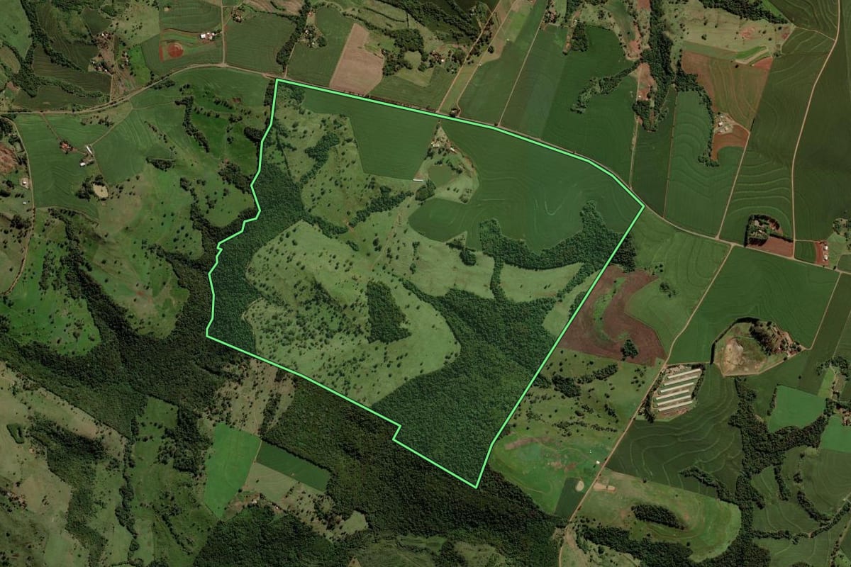 Imagem de satélite do imóvel rural em Diamante D'Oeste (PR), com o contorno declarado no CAR desenhado por cima.