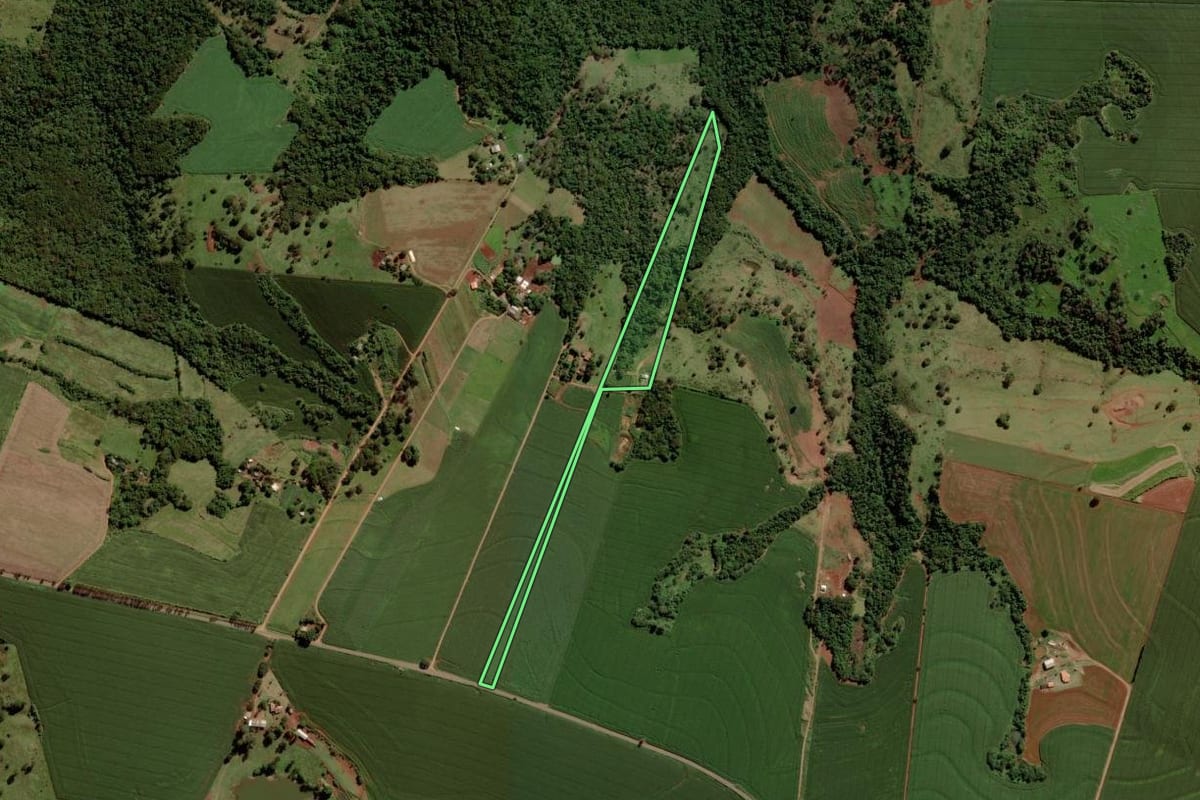 Imagem de satélite do imóvel rural em Diamante D'Oeste (PR), com o contorno declarado no CAR desenhado por cima.