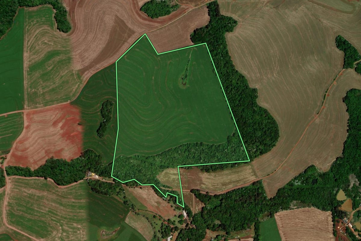 Imagem de satélite do imóvel rural em Dois Vizinhos (PR), com o contorno declarado no CAR desenhado por cima.